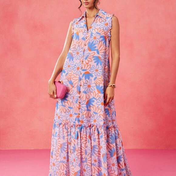 Multicolor Boho Women's Chiffon Floral Print Ruffle Hem Sleeveless Sun Dress - Picture 6 of 8